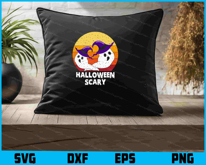 Halloween-themed design with ghosts and a purple witch hat on a black background, featuring file format options at the bottom.