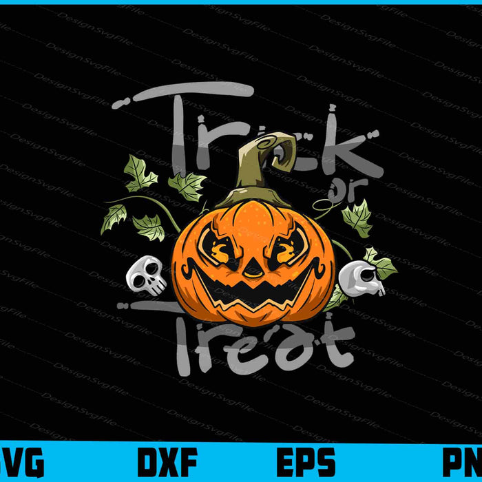 Halloween-themed design with pumpkin, skull, and text on a black background