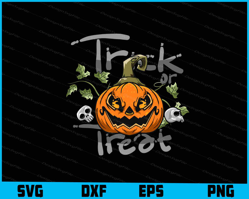 Halloween-themed design with pumpkin, skull, and text on a black background