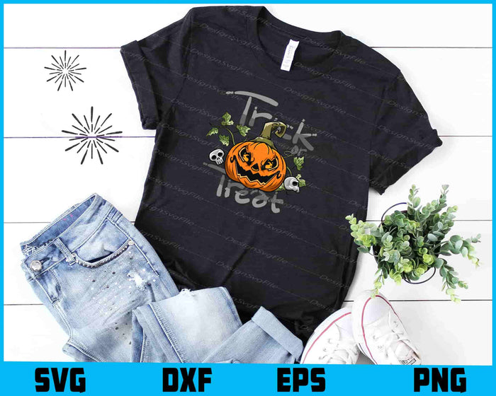 Halloween-themed design with pumpkin, skull, and text on a black background