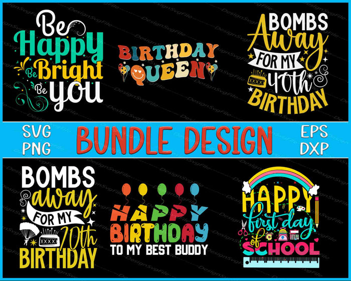 Collection of colorful birthday-themed designs with text on a black background.