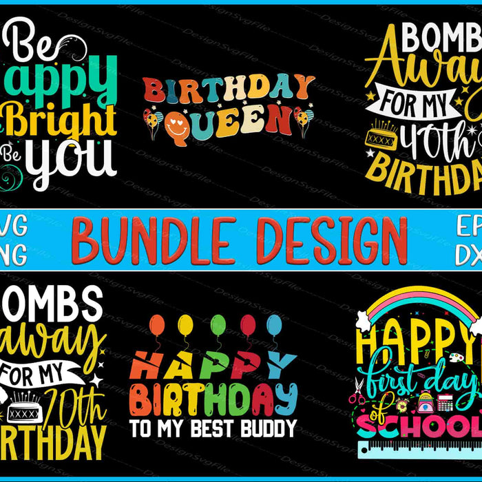 Collection of colorful birthday-themed designs with text on a black background.