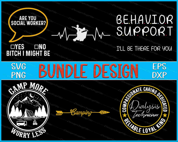 Collection of graphic designs with text and icons on a black background, featuring phrases like 'Are you a social worker?' and 'Compassionate Caring Dedicated'.