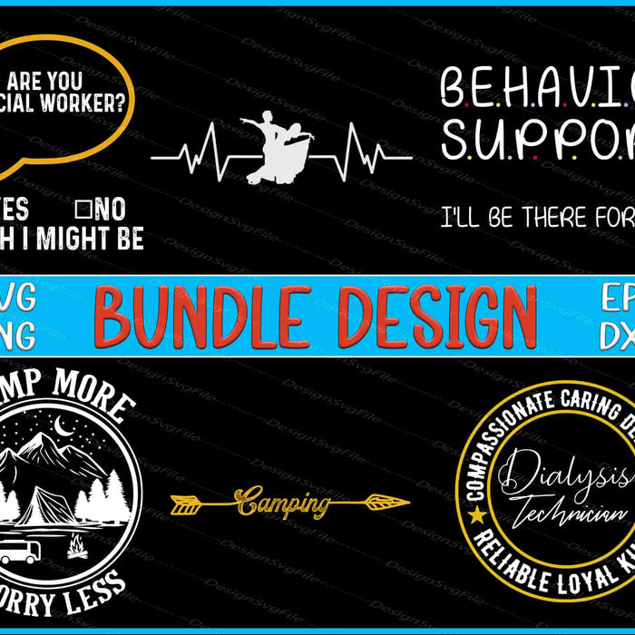 Collection of graphic designs with text and icons on a black background, featuring phrases like 'Are you a social worker?' and 'Compassionate Caring Dedicated'.