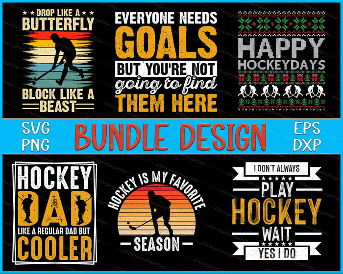 Collection of hockey-themed designs with text and graphics on a black background.
