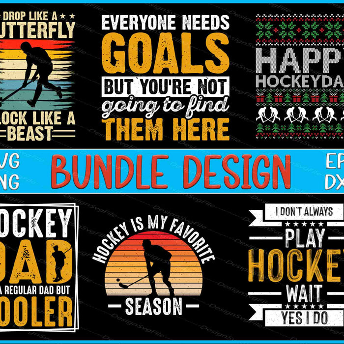 Collection of hockey-themed designs with text and graphics on a black background.