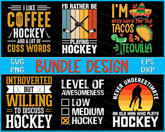 Collection of humorous hockey-themed designs with text and graphics on a black background.