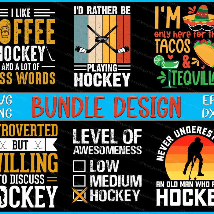 Collection of humorous hockey-themed designs with text and graphics on a black background.