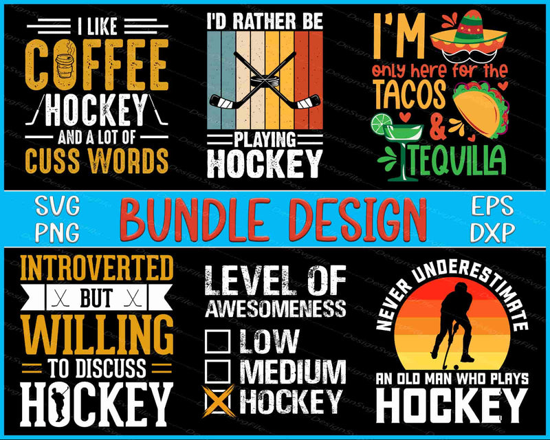 Collection of humorous hockey-themed designs with text and graphics on a black background.