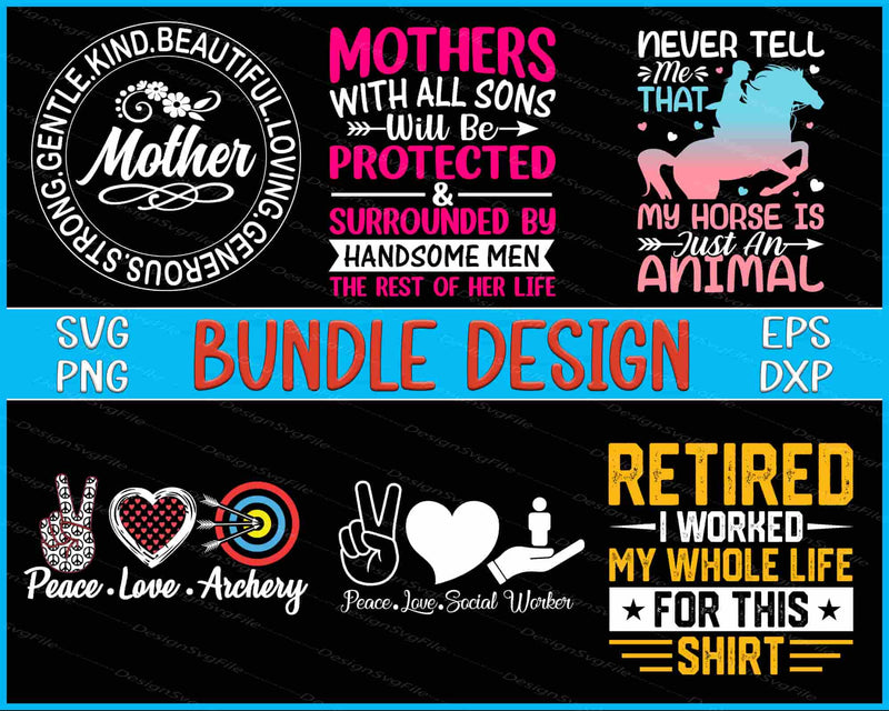 Collection of various design bundles with text and graphics on a black background