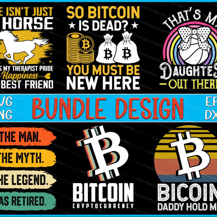Collection of Bitcoin-themed graphics and text on a black background with colorful elements.