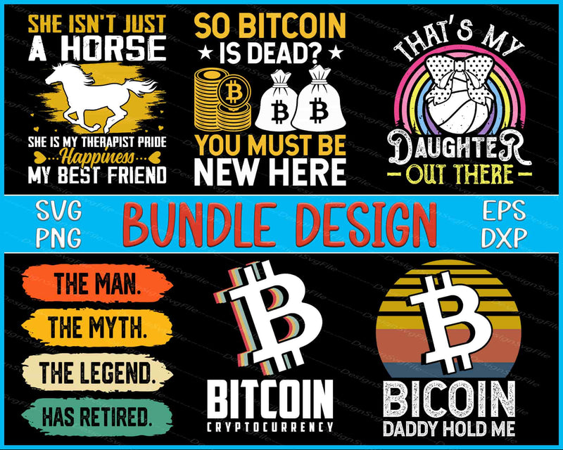 Collection of Bitcoin-themed graphics and text on a black background with colorful elements.