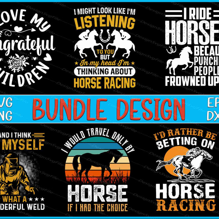 Collection of humorous horse-themed quotes with graphics on a black background.