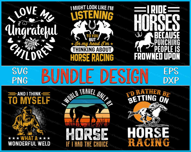 Collection of humorous horse-themed quotes with graphics on a black background.