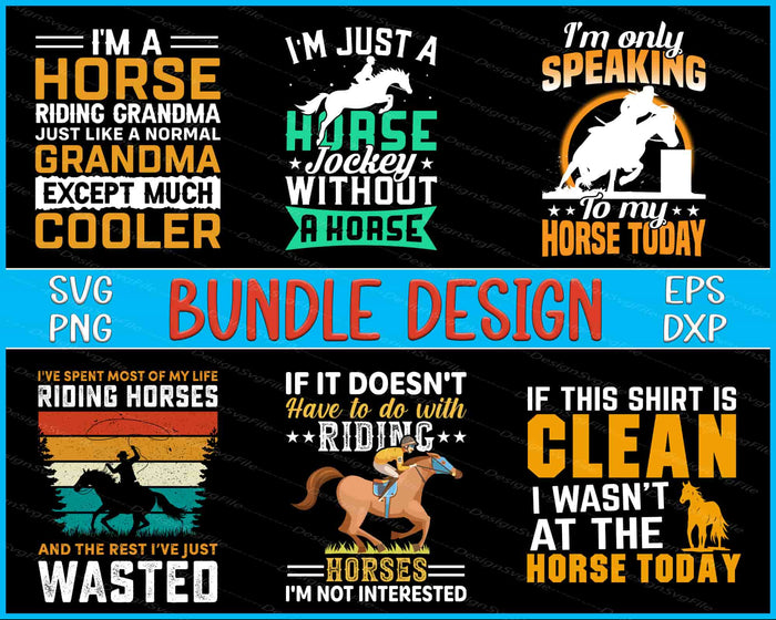 Collection of horse-themed humorous quotes with graphics on a black background.