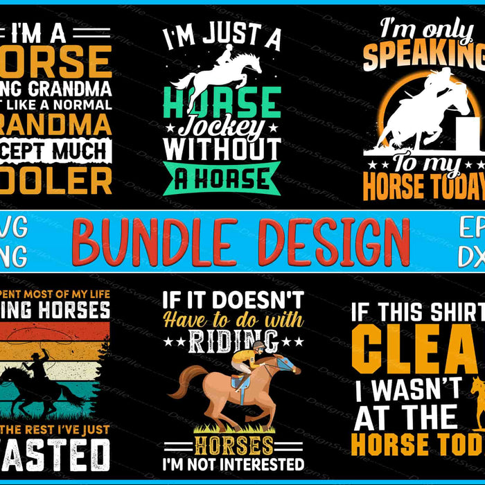 Collection of horse-themed humorous quotes with graphics on a black background.