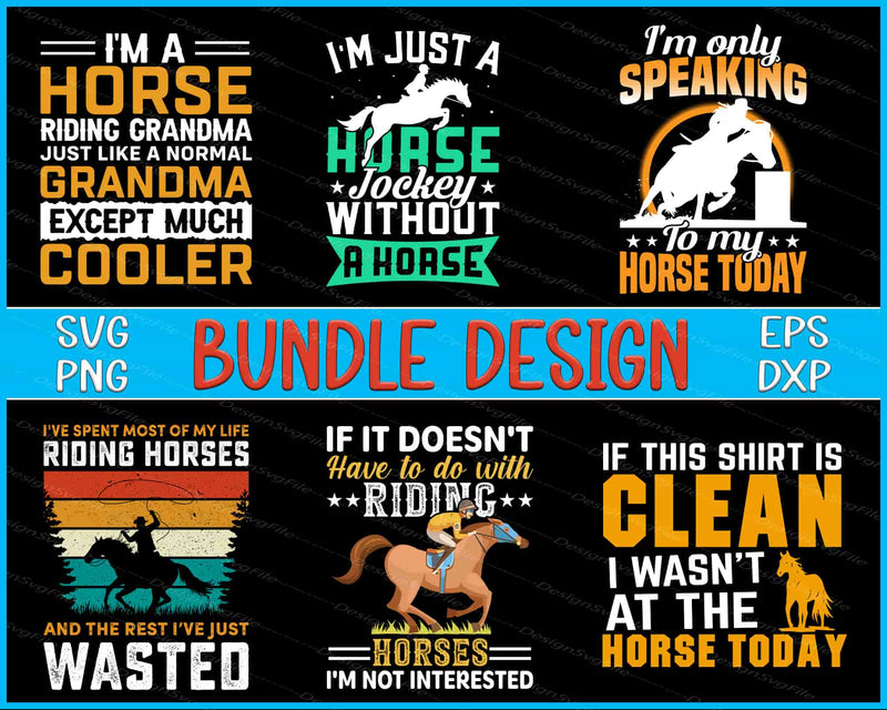 Collection of horse-themed humorous quotes with graphics on a black background.
