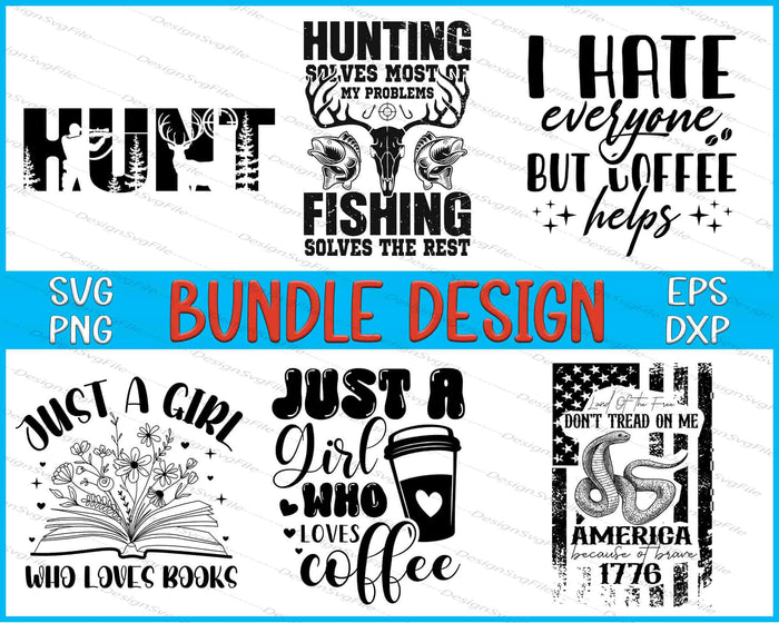 Collection of various text-based designs with icons on a white background, featuring phrases like 'Hunt', 'Fishing', and 'Coffee'.