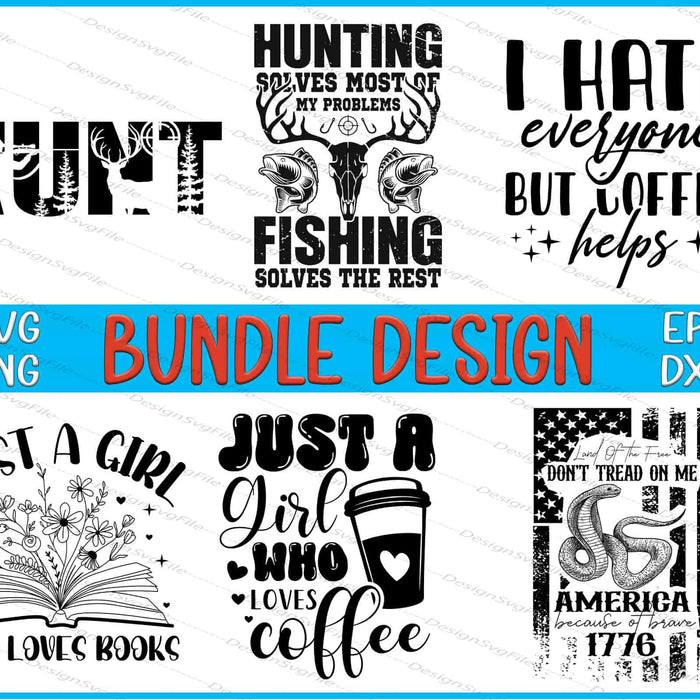 Collection of various text-based designs with icons on a white background, featuring phrases like 'Hunt', 'Fishing', and 'Coffee'.