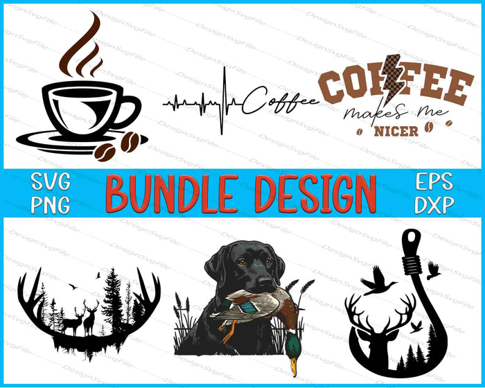 Collection of coffee-themed and hunting-themed graphics with text on a white background.
