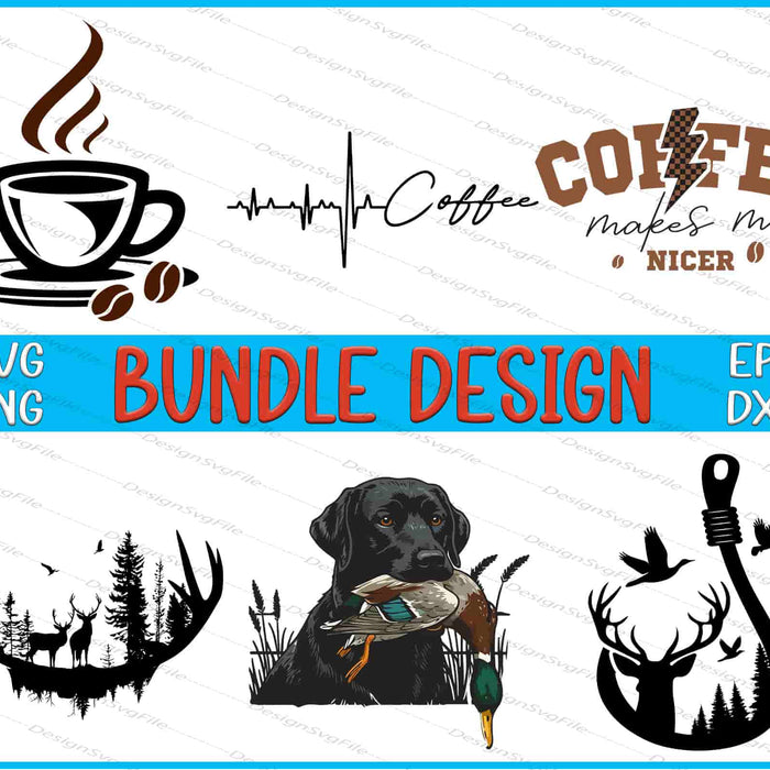 Collection of coffee-themed and hunting-themed graphics with text on a white background.