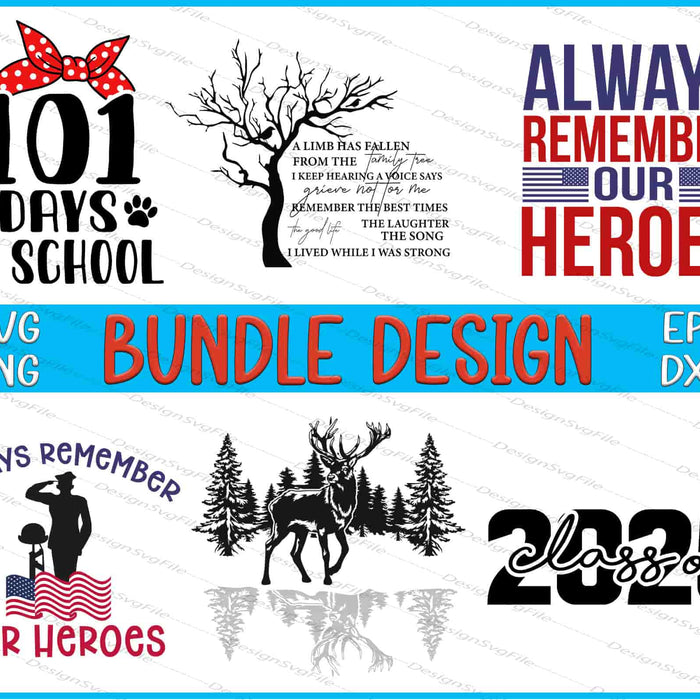 Collection of various design bundles with text and graphics on a white background.