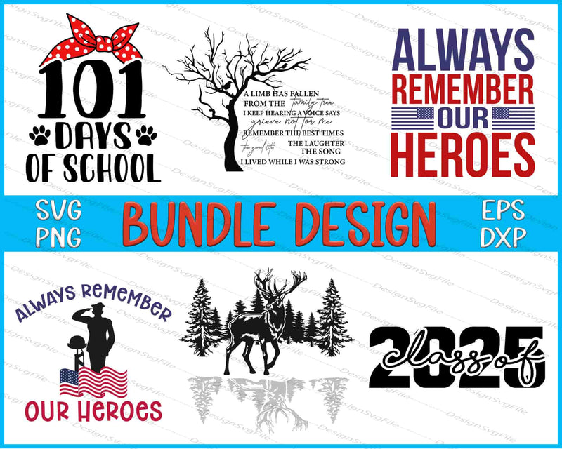 Collection of various design bundles with text and graphics on a white background.