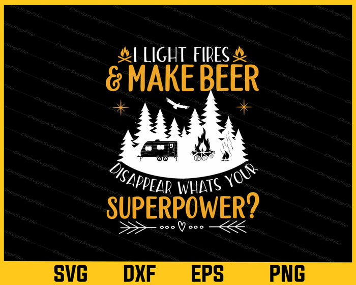Collection of camping-themed designs with text and graphics on a black background.