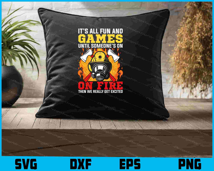 Collection of firefighter-themed designs with text and graphics on a black background.