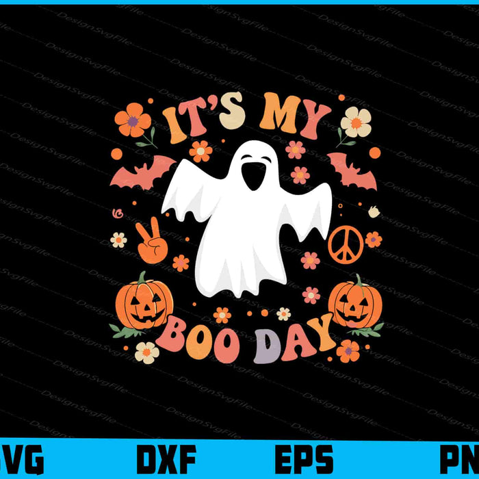 Halloween-themed design with ghost, pumpkins, and text on a black background