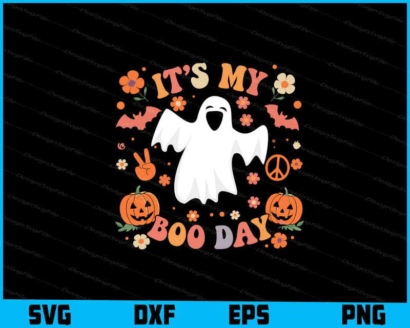 Halloween-themed design with ghost, pumpkins, and text on a black background