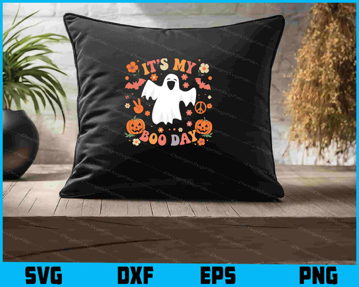 Halloween-themed design with ghost, pumpkins, and text on a black background