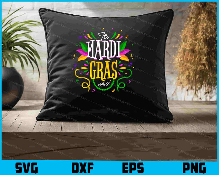 Collection of Mardi Gras-themed designs with text and graphics on a black background.