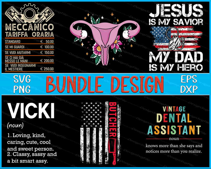 Collection of various graphic designs with text and icons on a black background.