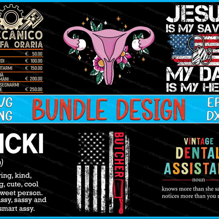 Collection of various graphic designs with text and icons on a black background.