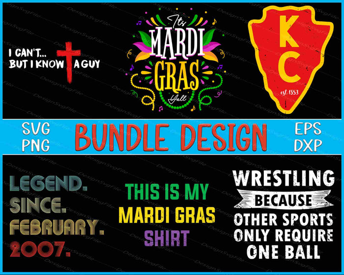 Collection of Mardi Gras-themed designs with text and graphics on a black background.