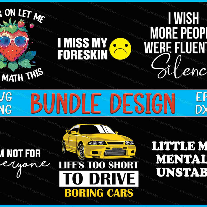 Collection of humorous and controversial designs with text and graphics on a black background.