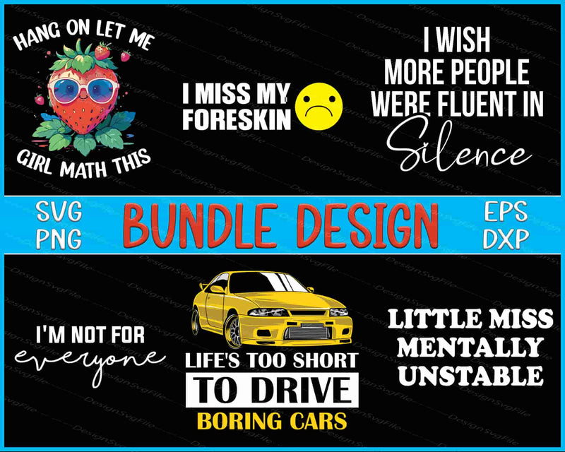 Collection of humorous and controversial designs with text and graphics on a black background.