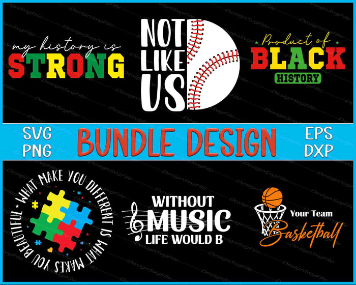 Collection of motivational and sports-themed designs with text and graphics on a black background.