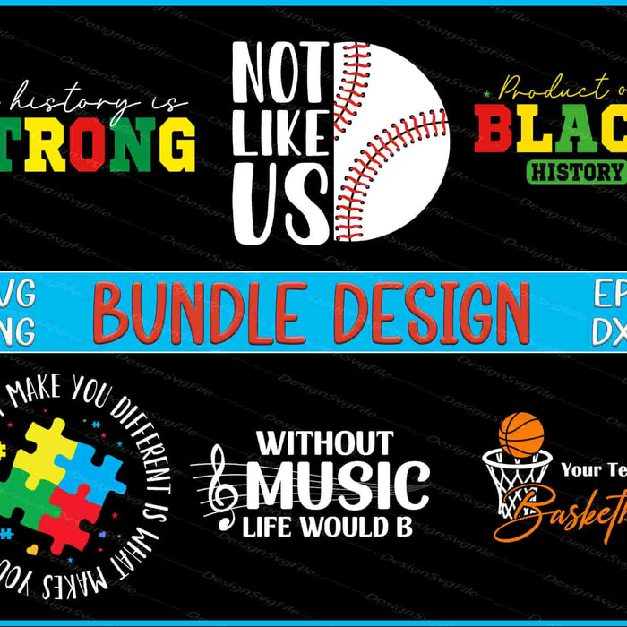 Collection of motivational and sports-themed designs with text and graphics on a black background.