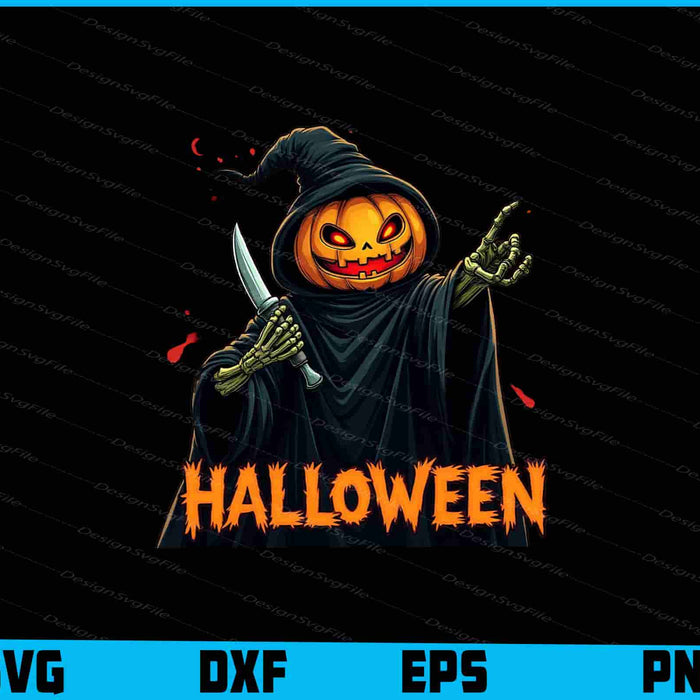 Halloween-themed design with a pumpkin-faced figure holding a knife on a black background.