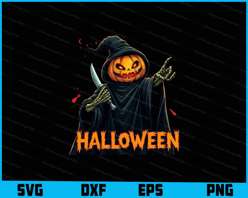 Halloween-themed design with a pumpkin-faced figure holding a knife on a black background.