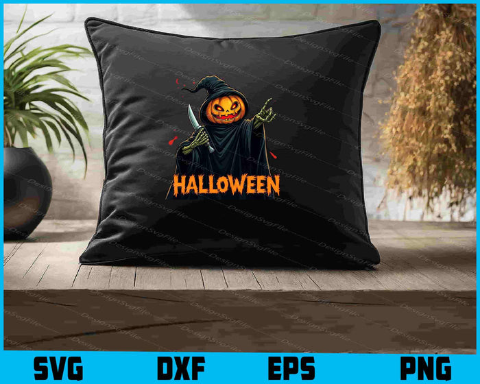 Halloween-themed design with a pumpkin-faced figure holding a knife on a black background.