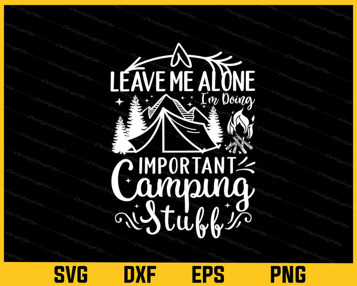 Collection of camping-themed designs with text and graphics on a black background.