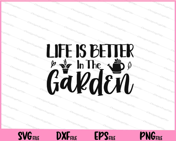 Collection of gardening-themed quotes in SVG, PNG, EPS, and DXF formats on a white background.