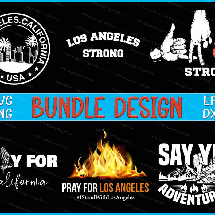 Collection of 'Los Angeles Strong' and related design elements with text and graphics on a black background.