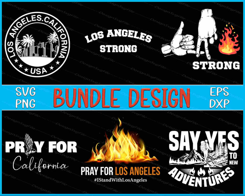 Collection of 'Los Angeles Strong' and related design elements with text and graphics on a black background.