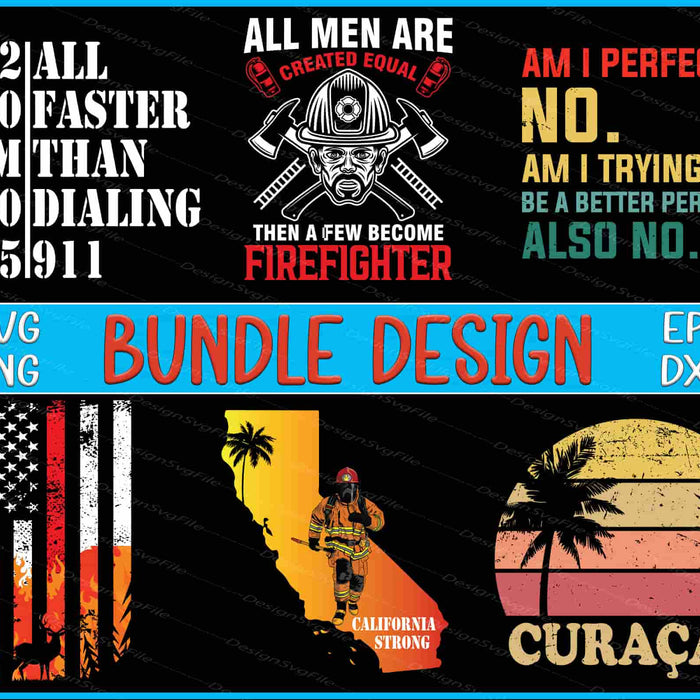 Collection of graphic designs including a firefighter-themed bundle with text and icons.