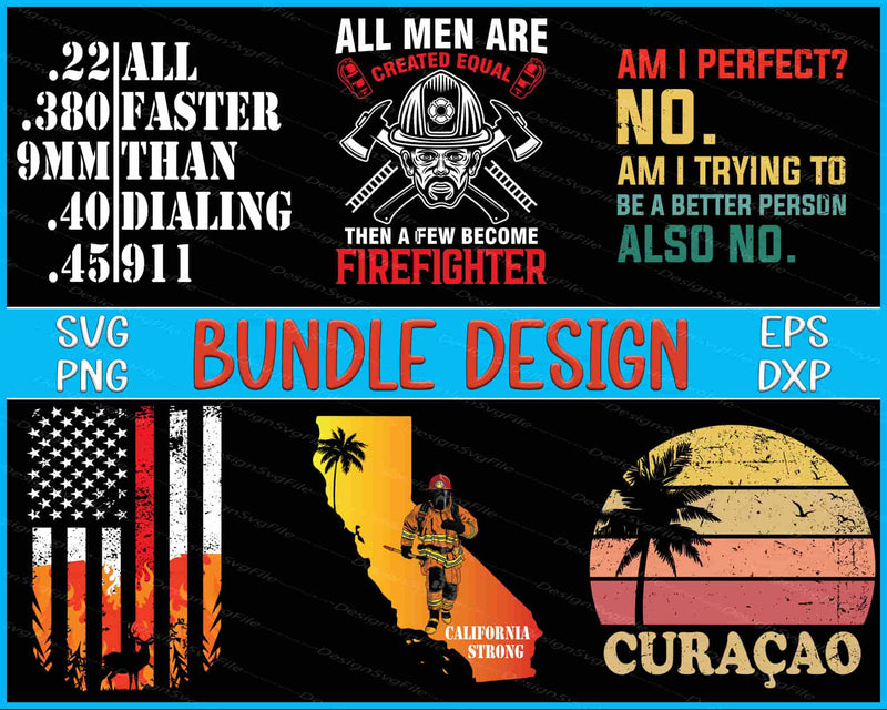 Collection of graphic designs including a firefighter-themed bundle with text and icons.