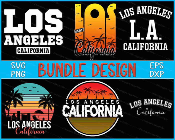 Collection of Los Angeles-themed designs with text and graphics on a black background.